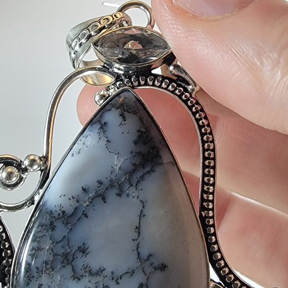 Sterling Silver Pendant with Dendritic Opal & Clear Quartz – Artisan Gem Jewelry - Picture 9 of 10